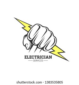 Electrician services Hand holding a lighting Bolt.