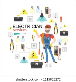 electrician services. Professional electrician infographics electricity tools installation