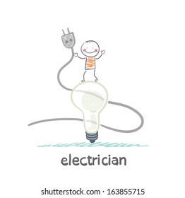 electrician standing on a huge light bulb and keeps the fork