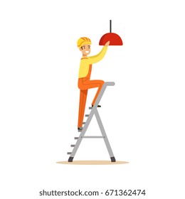 Electrician standing on a stepladder installing lighting on the ceiling, electric man performing electrical works vector Illustration