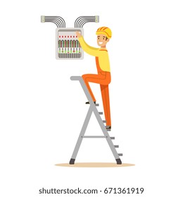 Electrician standing on a stepladder and screwing equipment in fuse box, electric man performing electrical works vector Illustration