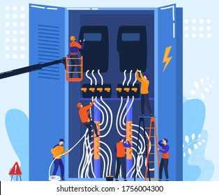 Electrician Team Work With Electrical Panel, Tiny People Cartoon Characters Concept, Vector Illustration. Professional Maintenance And Repair Service Teamwork. Electric Worker In Uniform Connect Wires