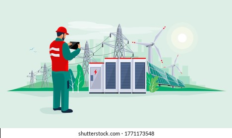 Electrician technician engineer man diagnostics electricity power supply grid transmission. Person inspection production facility. Renewable solar panel wind energy plant with battery storage. 