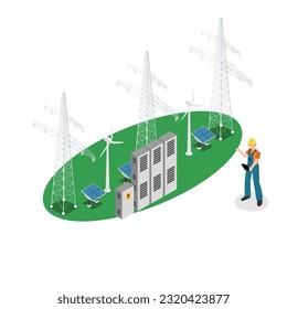 Electrician technician engineer man diagnostics electricity power supply grid transmission isometric 3d vector illustration concept for banner, website, illustration, landing page, flyer, etc