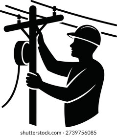 Electrician Technician Performing Utility Powerline Cable Repair and Maintenance with Helmet on Pole