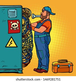 electrician technician repairs wires. Pop art retro vector illustration drawing