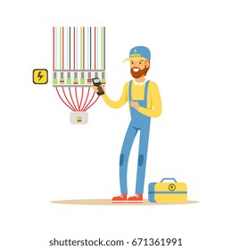Electrician testing electrical equipment, measuring the voltage output, electric man performing electrical works vector Illustration