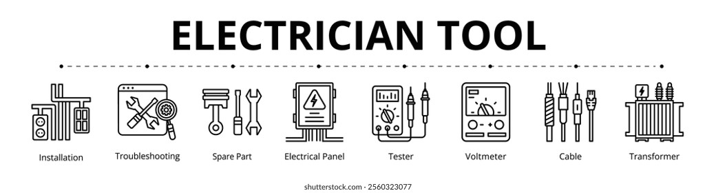 Electrician Tool Line Banner Web Icon Set Vector Illustration
