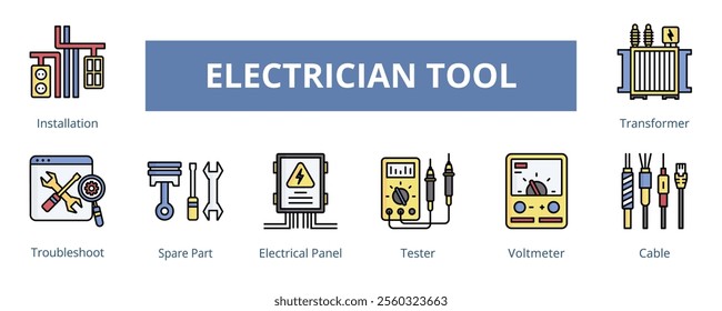 Electrician Tool Lineal Color Banner Web Icon Set Vector Illustration