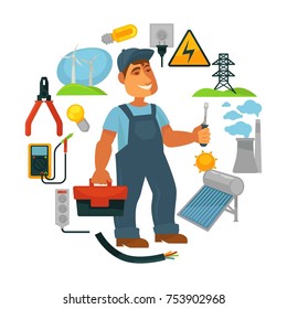 Electrician with toolkit surrounded with electricity sources and tools. Wind generators, bright bulbs, tall tower, plant pipes, solar battery, small voltmeter and power sockets vector illustrations.