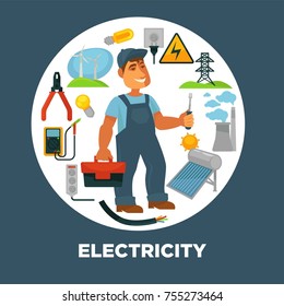 Elektriker mit Werkzeugkasten, umgeben von Stromquellen und Werkzeugen. Windgeneratoren, Glühbirnen, großer Turm, Pflanzenkanäle, Solarbatterien, kleine Voltmeter und Steckdosen, Vektorgrafiken.