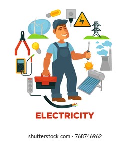 Electrician with toolkit surrounded with electricity sources and tools.
