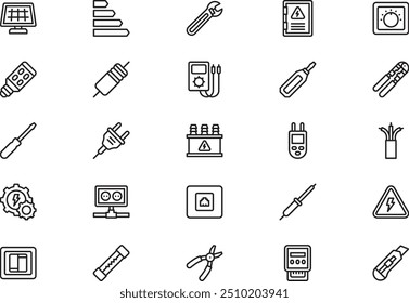 Die Sammlung von Elektrowerkzeugen und -elementen ist eine Vektorgrafik mit bearbeitbarem Strich.