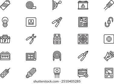 Electrician tools and elements icons collection is a vector illustration with editable stroke.