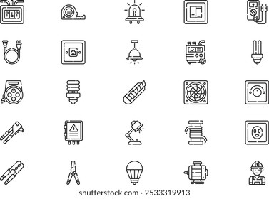 Electrician tools and elements icons collection is a vector illustration with editable stroke.