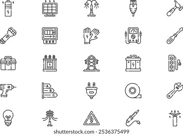 La collection d'icônes d'outils et d'éléments électriciens est une illustration vectorielle à trait modifiable.