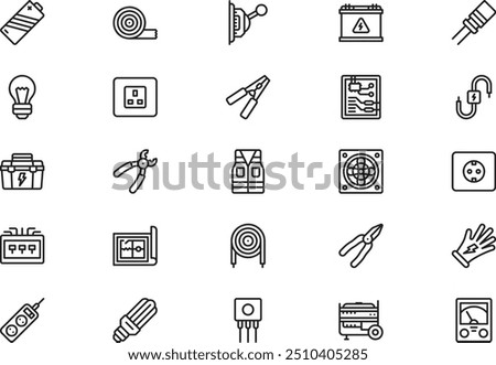 Electrician tools and elements icons collection is a vector illustration with editable stroke.