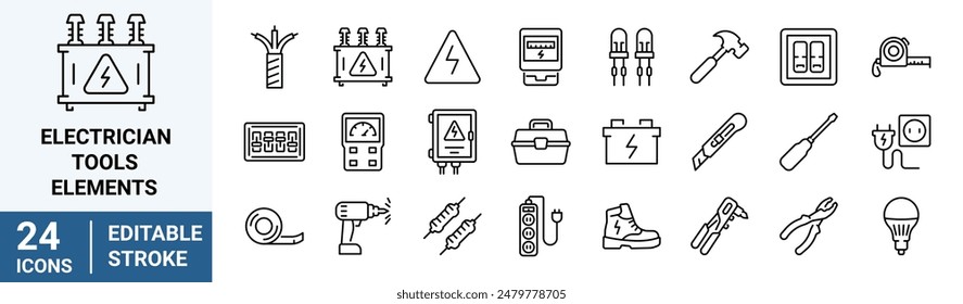 Electrician tools and elements web line icons. voltmeter, solar panel, motor, resistor, fuse box, measure tape, boots.