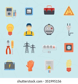 Electrician tools instruments flat icons set.