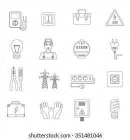 Electrician tools instruments flat thin line icons set