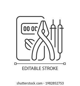 Electrician tools linear icon. Test instruments. Ensuring optimal safety. Screwdrivers, pliers. Thin line customizable illustration. Contour symbol. Vector isolated outline drawing. Editable stroke