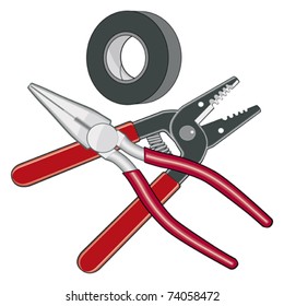 Electrician Tools Logo is an illustration of an electrician tool including needle nose pliers, wire stripper, and black electrical tape. Vector is easily edited or separated for print and screen.