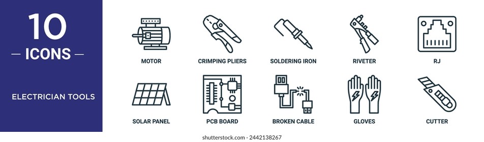 el conjunto de iconos de contorno de herramientas eléctricas incluye motor de línea fina, alicates de prensado, soldador, remachador, rj, panel solar, iconos de tablero de pcb para informe, presentación, diagrama, diseño web