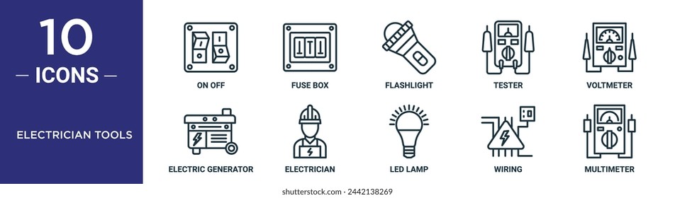 el conjunto de iconos de contorno de herramientas de electrician incluye línea delgada activada, caja de fusibles, linterna, probador, voltímetro, generador eléctrico, iconos de electricista para informe, presentación, diagrama, diseño web