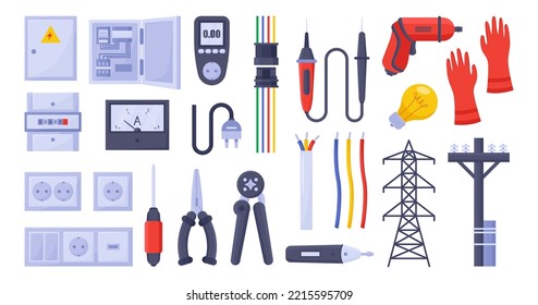 Electrician tools set. Vector illustrations of equipment for electric power control and repair. Cartoon multimeter and voltmeter, cables, wires isolated on white. Hardware, maintenance service concept