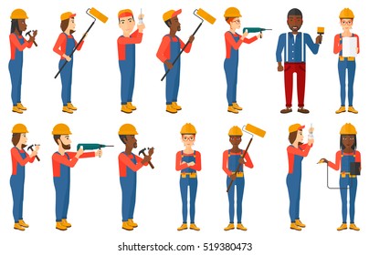 Electrician twisting light bulb. Electrician installing light bulb. Electrician changing light bulb. Electrician measuring voltage. Set of vector flat design illustrations isolated on white background