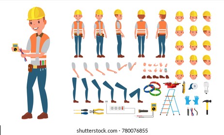 Electrician Vector. Animated Character Creation Set. Electronic Tools And Equipment. Full Length, Front, Side, Back View, Accessories, Poses, Face Emotion, Gestures. Isolated Flat Cartoon Illustration