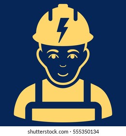 Electrician vector icon. Flat yellow symbol. Pictogram is isolated on a blue background. Designed for web and software interfaces.