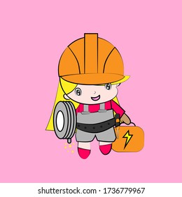 electrician vector illustration of cute chibi character isolated for kids learn jobs. Background, t-shirt, card and sticker profession