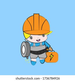 electrician vector illustration of cute chibi character isolated for kids learn jobs. Background, t-shirt, card and sticker profession