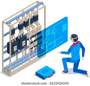 Electrician wearing augmented reality glasses checking electric panel wiring diagram, using holographic projection of futuristic software interface, isometric view