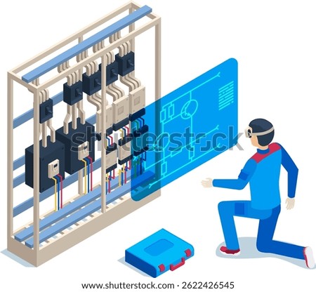 Electrician wearing augmented reality glasses checking electric panel wiring diagram, using holographic projection of futuristic software interface, isometric view