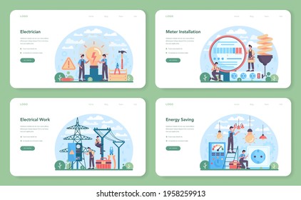 Electrician web banner or landing page set. Electricity works service worker