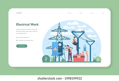 Banner web o página de aterrizaje de electricidad. Electricity trabaja en el servicio de reparación uniforme de elementos eléctricos. Reparación de técnicos, instalación de contadores y ahorro de energía. Ilustración vectorial plana