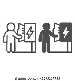 Electrician and wires box with lightning line and solid icon, electrical service concept. Vector graphics. Human and electricity sign on white background, outline style icon for mobile or web design