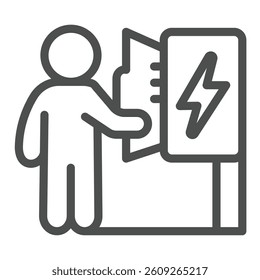 Electrician and wires box with lightning line icon, electrical service concept. Vector graphics. Human and electricity sign on white background, outline style icon for mobile or web design