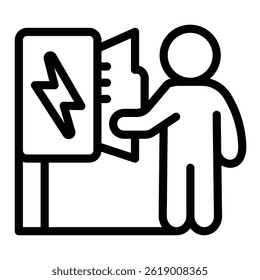 Electrician and wires box with lightning line icon, electrical service concept. Vector graphics. Human and electricity sign on white background, style mobile or design
