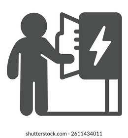 Electrician and wires box with lightning solid icon, electrical service concept. Vector graphics. Human and electricity sign on white background, glyph style icon for mobile or web design