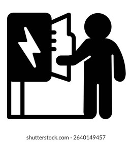 Electrician and wires box with lightning solid icon, electrical service concept. Vector graphics. Human and electricity sign on white background, style mobile or design
