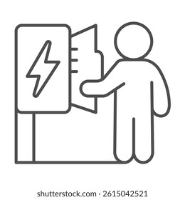 Electrician and wires box with lightning thin line icon, electrical service concept. Vector graphics. Human and electricity sign on white background, outline style icon for mobile or web design