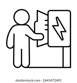 Electrician and wires box with lightning thin line icon, electrical service concept. Vector graphics. Human and electricity sign on white background, style mobile or design