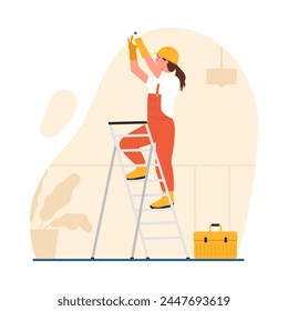 Electrician woman installing light bulb. Electrician repair service, industrial worker flat vector illustration