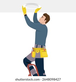 Electrician in work gear stands on a ladder, installing or repairing a ceiling light with focus. Flat vector illustration isolated on white background