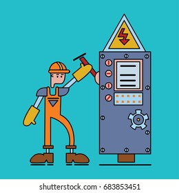 Electrician at work, man in working uniform turns on the switch of power voltage. Electric services, electrical equipment. Vector flat illustration.