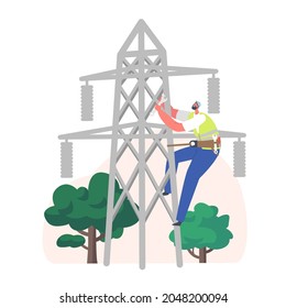 Personajes de trabajadores eléctricos trepando en línea de energía para reparación. Concepto de instalaciones eléctricas con Ingeniero Reparador en uniforme en el trabajo de mantenimiento de cableado. Ilustración de vectores de personas de caricatura