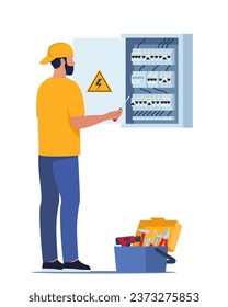 Electrician worker check and repair electrical switchboard. Home Repairman, Electrical Safety Concept. Vector illustration
